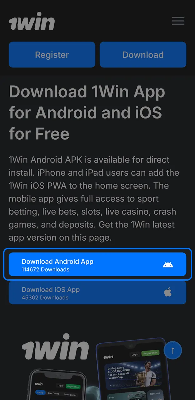 Start the process of setting up the 1win app.
