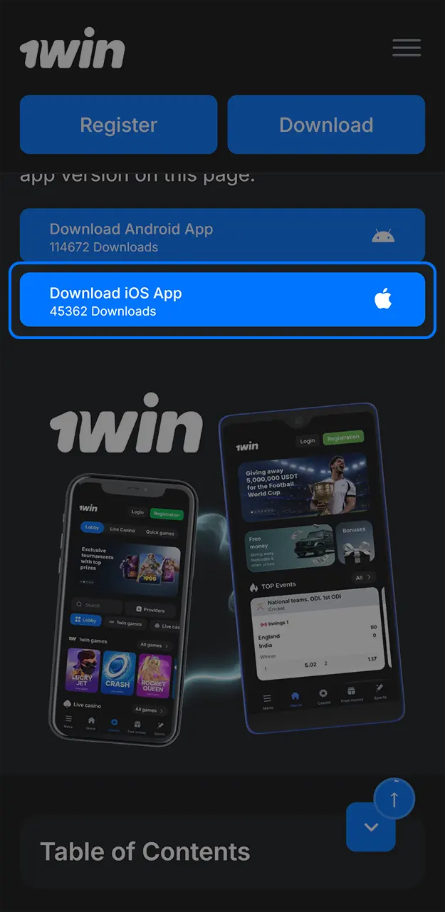 Start the quick installation of the 1win app on iOS.