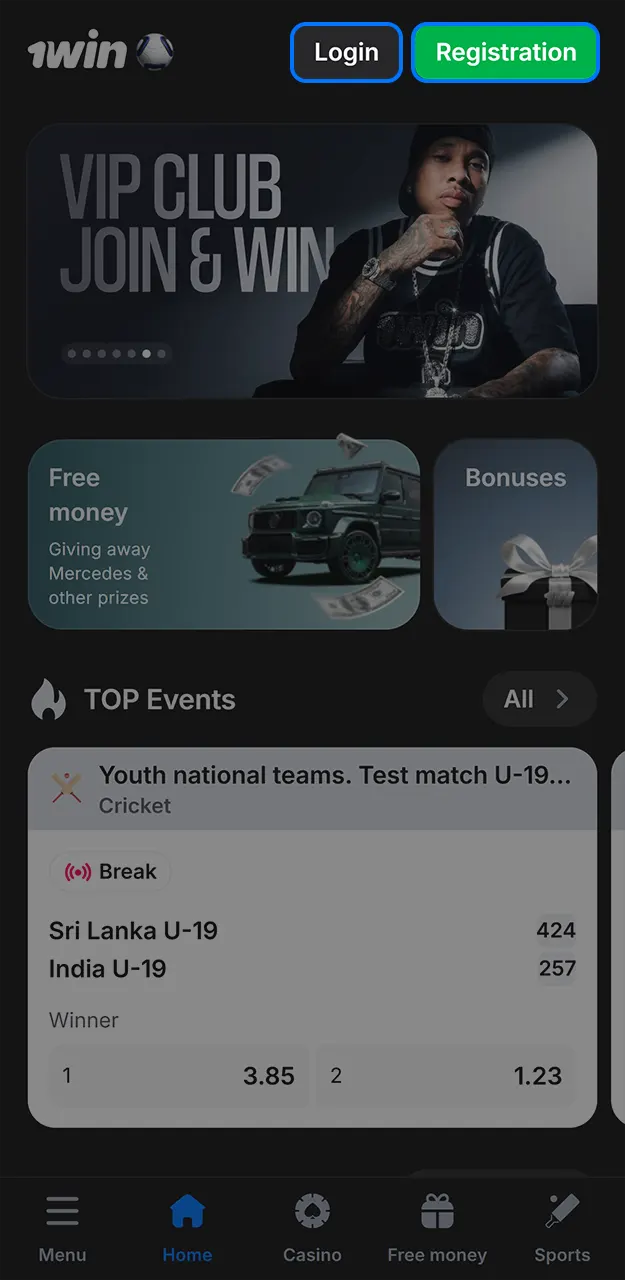 Log in or sign up in the 1win app.