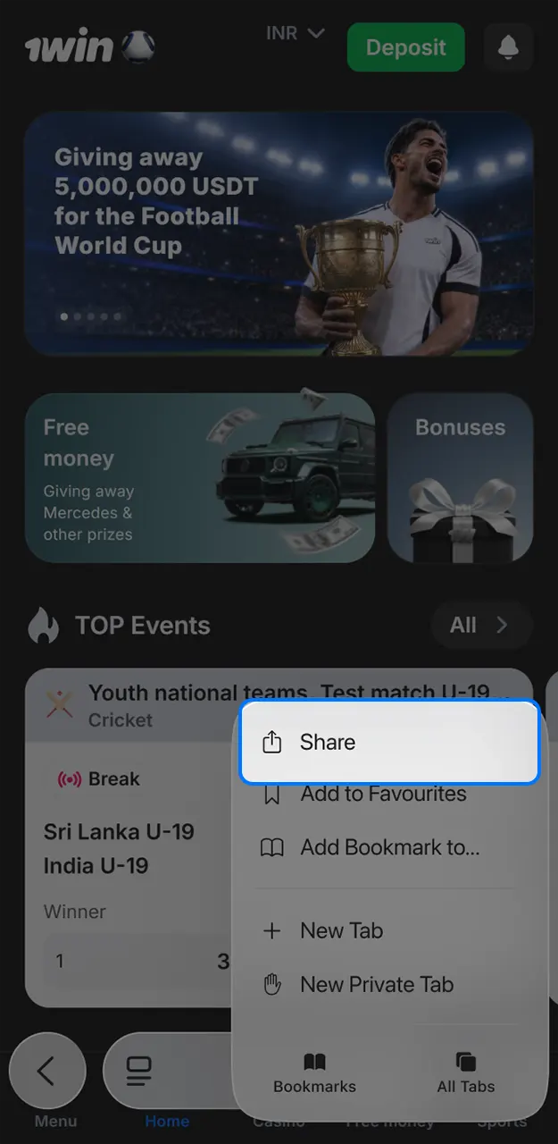 Open your browser utility menu on the 1win site and select the share option.