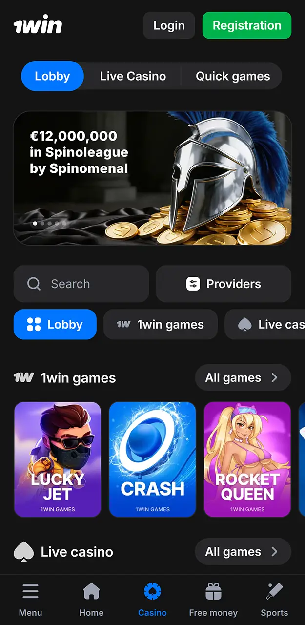 Play casino games in the 1win app.