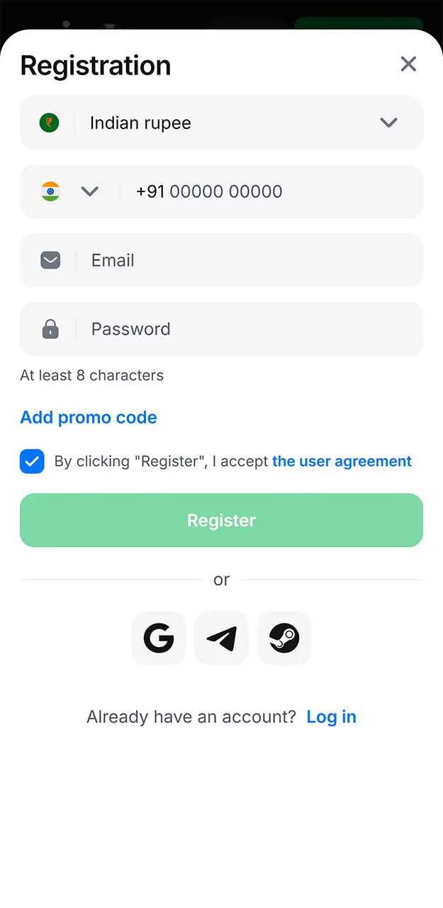 Start the registration process in the 1win app.