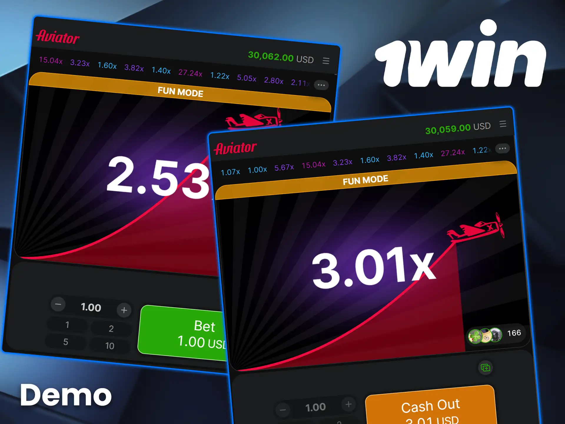 Try out the Aviator demo version on 1win.