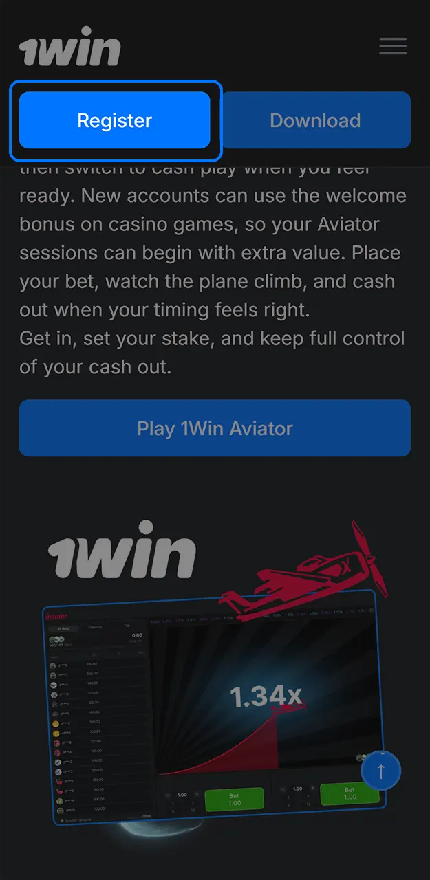 Click the registration button on the official 1win website.