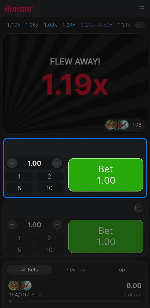 Place a bet on Aviator at 1win.