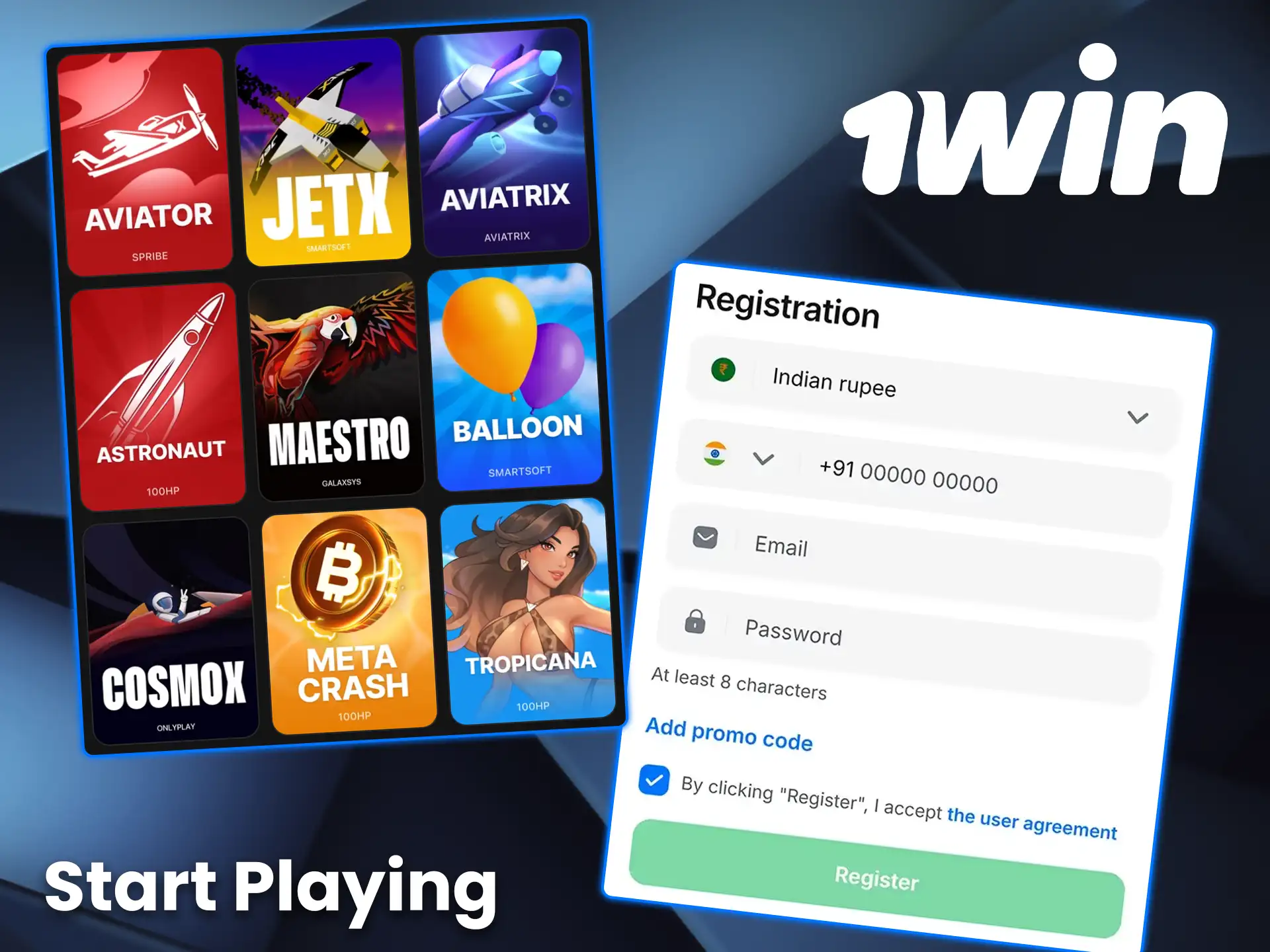 Start playing at the 1win casino.