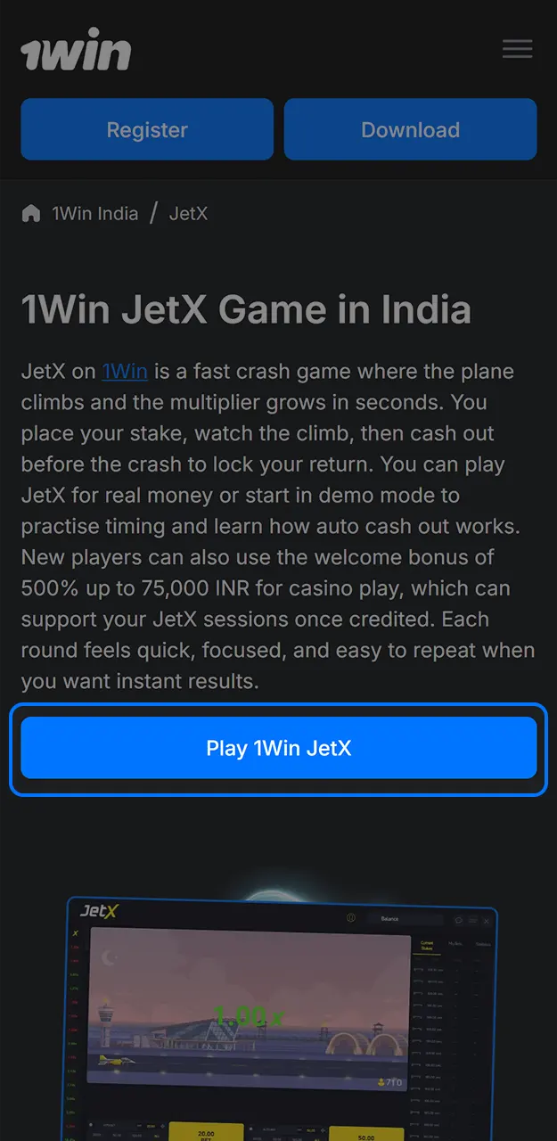 Learn how to start playing JetX on 1win.