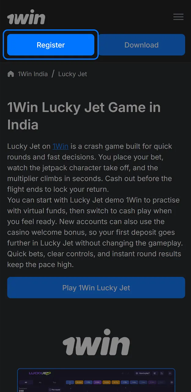 Start the registration process to play Lucky Jet on 1win.