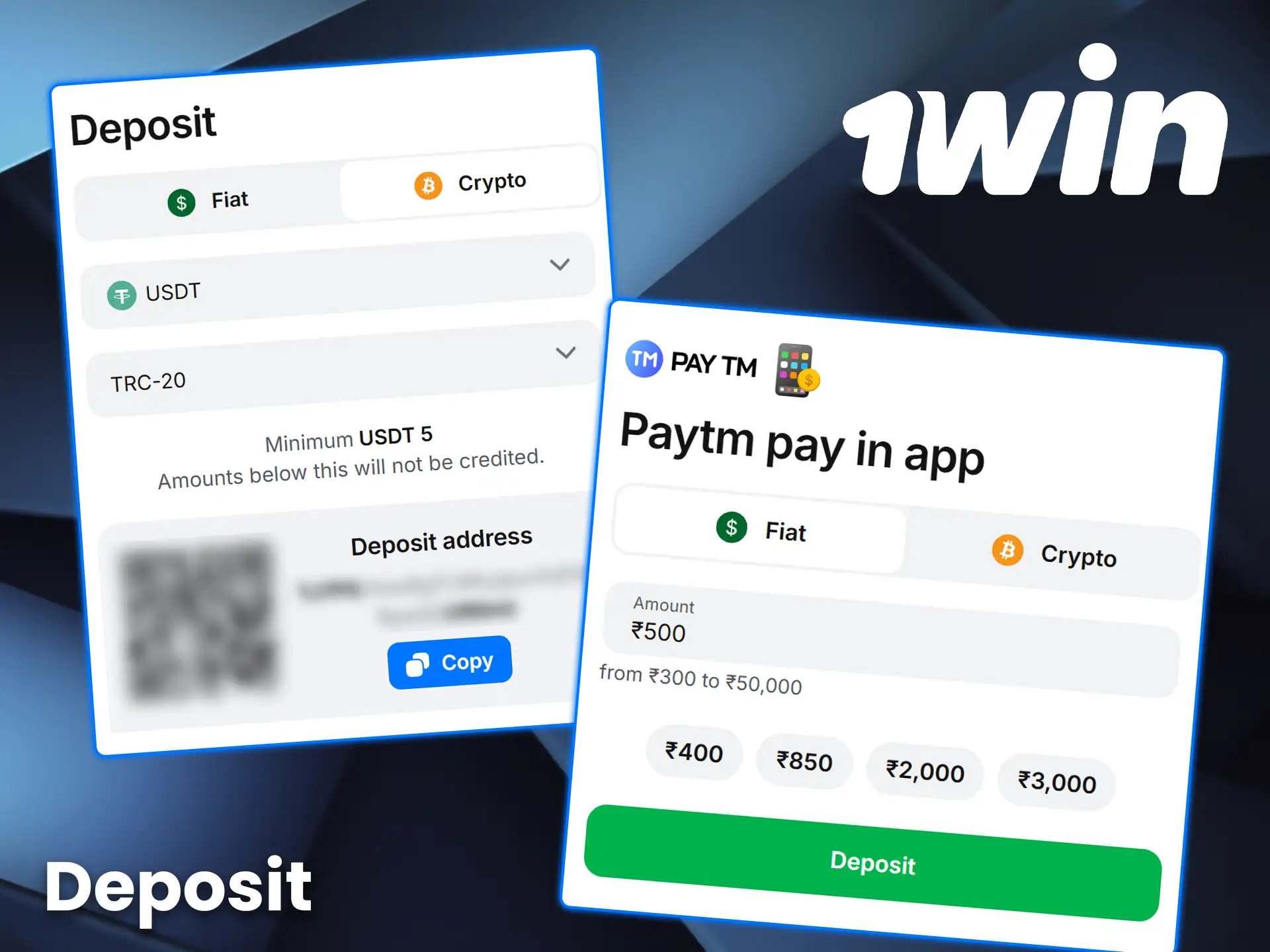 Choose a payment method that's convenient for you to deposit funds into your 1win account.