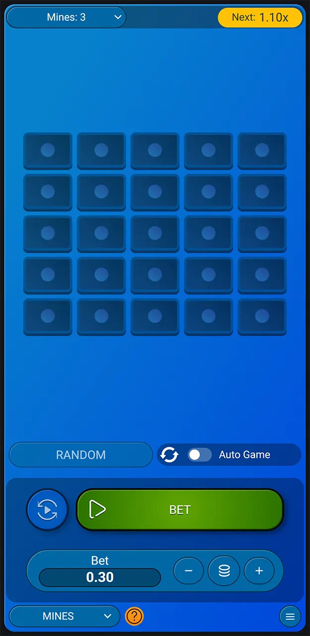 Search for the game Mines and start playing on 1win.