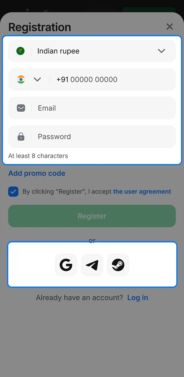 Select your preferred option for quickly creating an account on 1win.