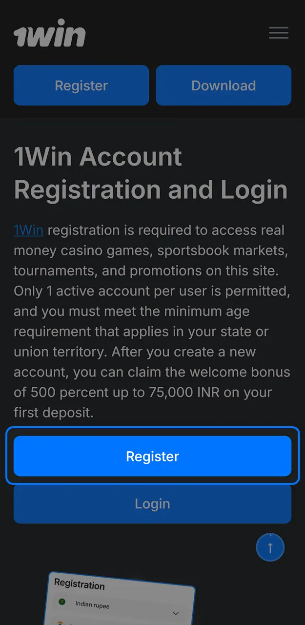 Start the registration process on 1win.