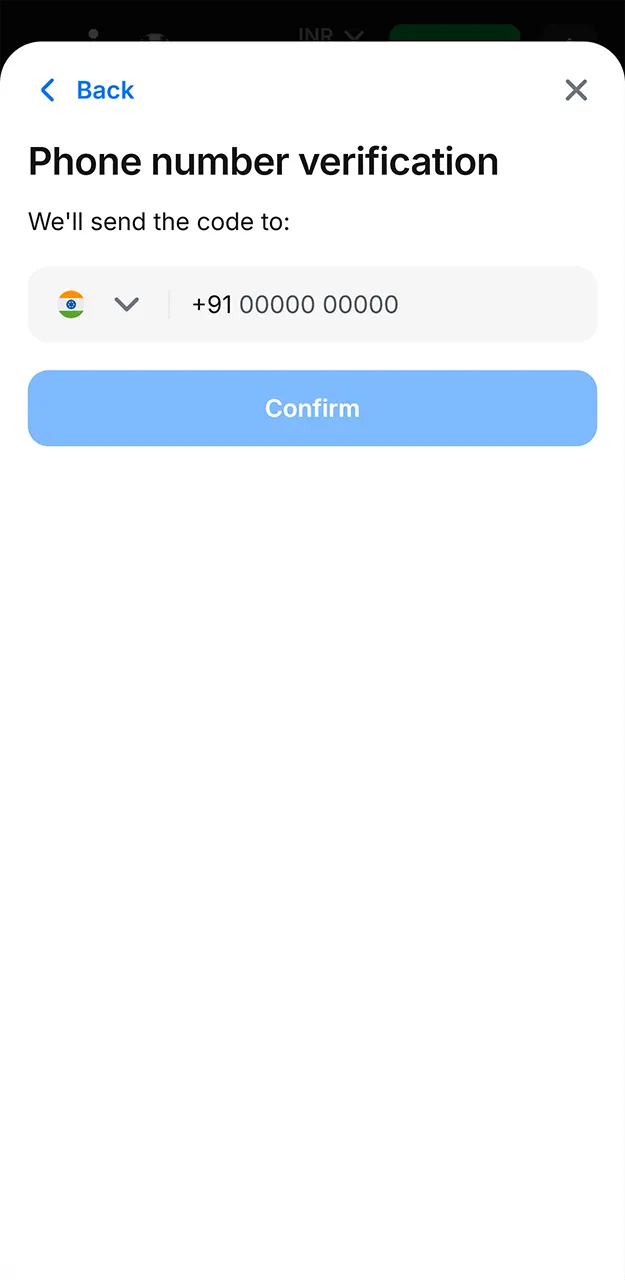 Submit the code sent to your phone or email and confirm your contact on 1win.