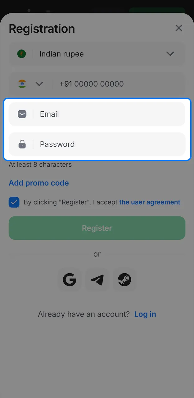 Fill in the empty fields of the electronic form and enter your details on 1win.