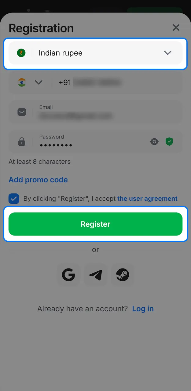 Complete the quick registration on 1win.