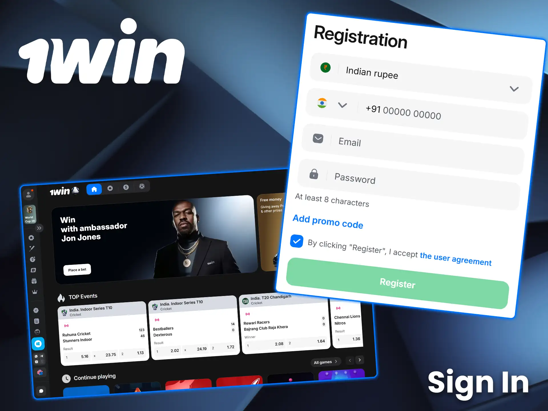 Enter your login credentials to sign in to your 1win account and start playing.